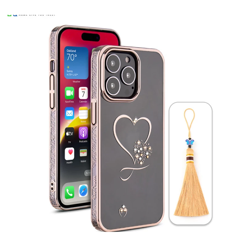 iPhone 14 Pro Bling Heart Cloud Gold Transparent Case
