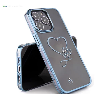 iPhone 14 Pro Cover - Bling Heart Blue Transparent Case