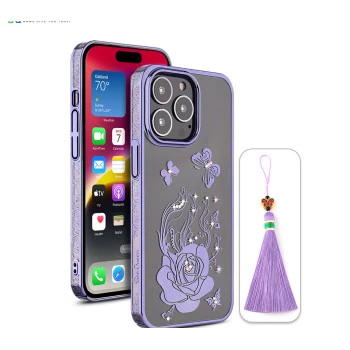 iPhone 14 Pro Max Bling Flower Purple Transparent Case