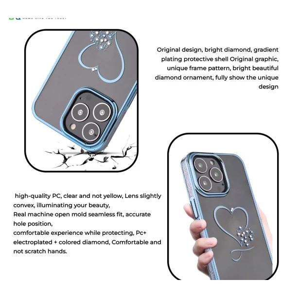 iPhone 14 Pro Max Bling Heart Blue Transparent Case