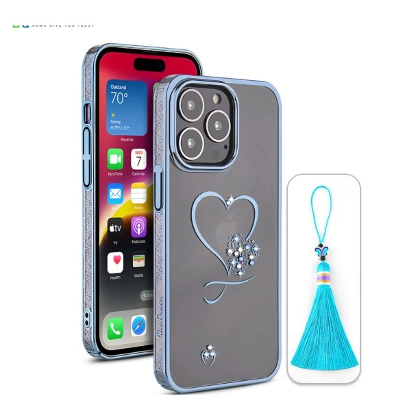 iPhone 14 Pro Max Bling Heart Blue Transparent Case