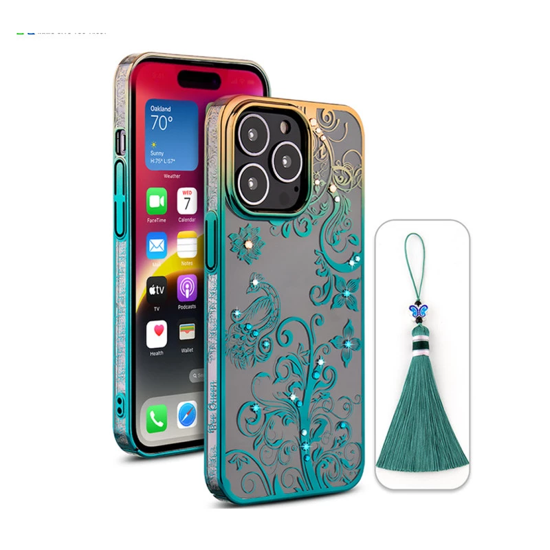 iPhone 14 Pro Max Peacock Glitter Green Transparent Case