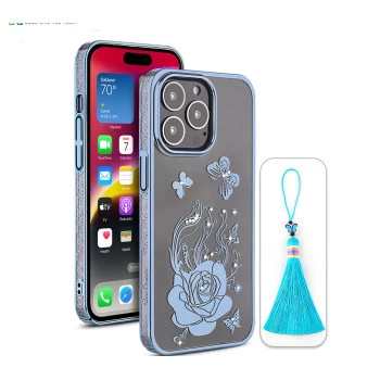 iPhone 14 Pro Max Bling Flower Blue Transparent Case