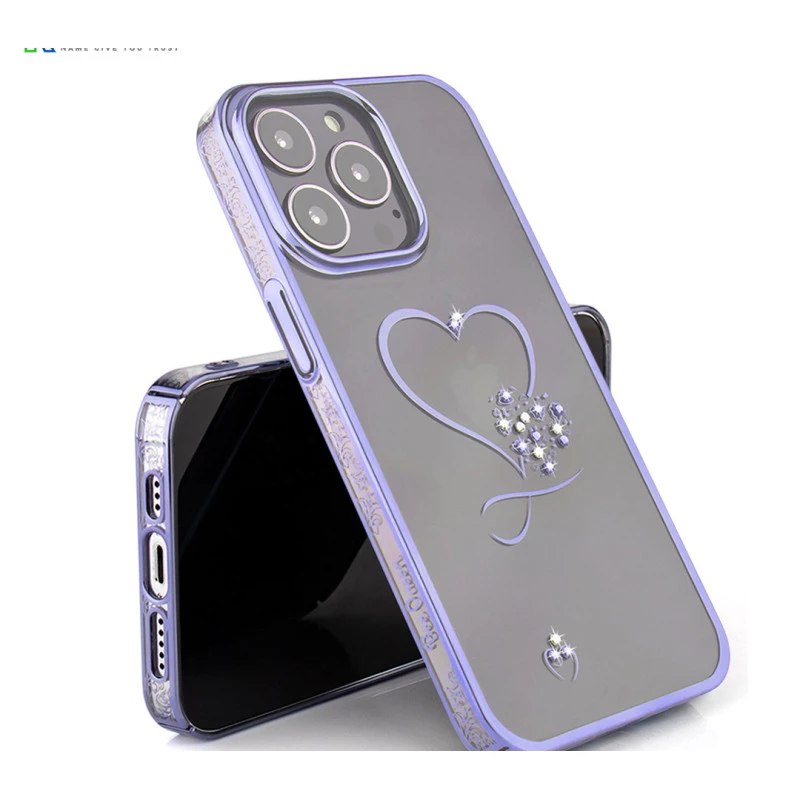iPhone 14 Pro Max Bling Heart Purple Transparent Case