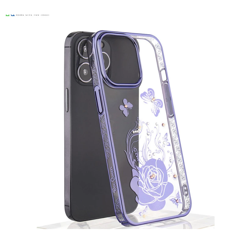 iPhone 14 Pro Max Bling Flower Purple Transparent Case
