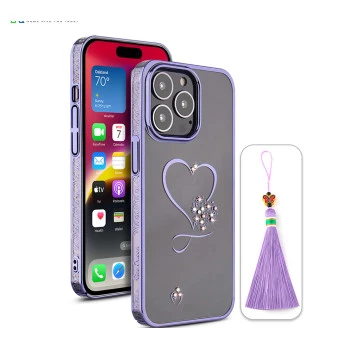 iPhone 14 Pro Max Bling Heart Purple Transparent Case