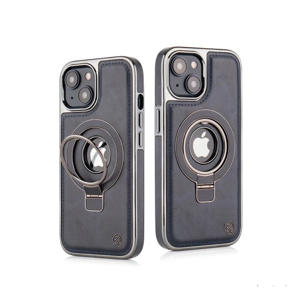 iPhone 15 Blue Leather Case with Magnetic Ring Holder