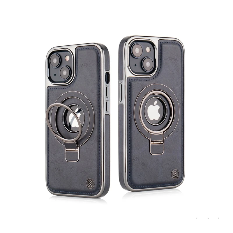 iPhone 15 Blue Leather Case with Magnetic Ring Holder