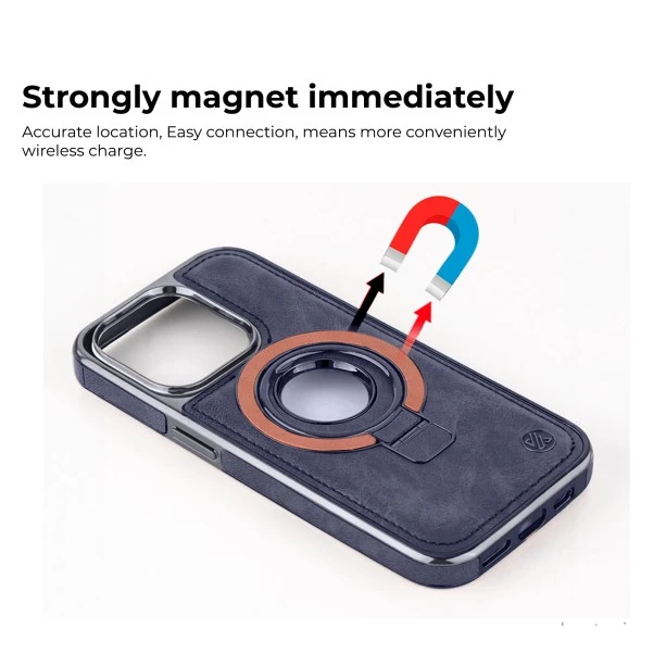iPhone 15 Blue Leather Case with Magnetic Ring Holder