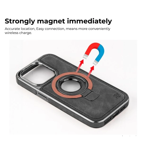 iPhone 15 Elite Black Leather Case with Magnetic Ring