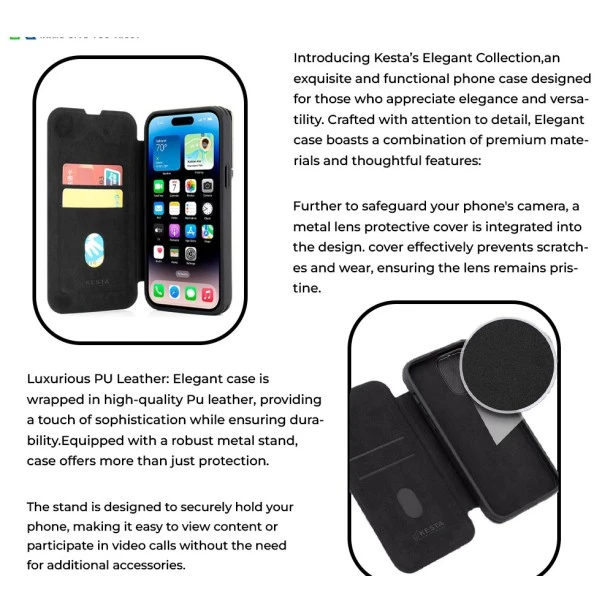 iPhone 15 Black Leather Flip Case – Handcrafted Luxury