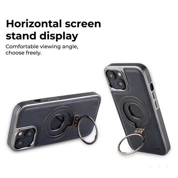 iPhone 15 Blue Leather Case with Magnetic Ring Holder