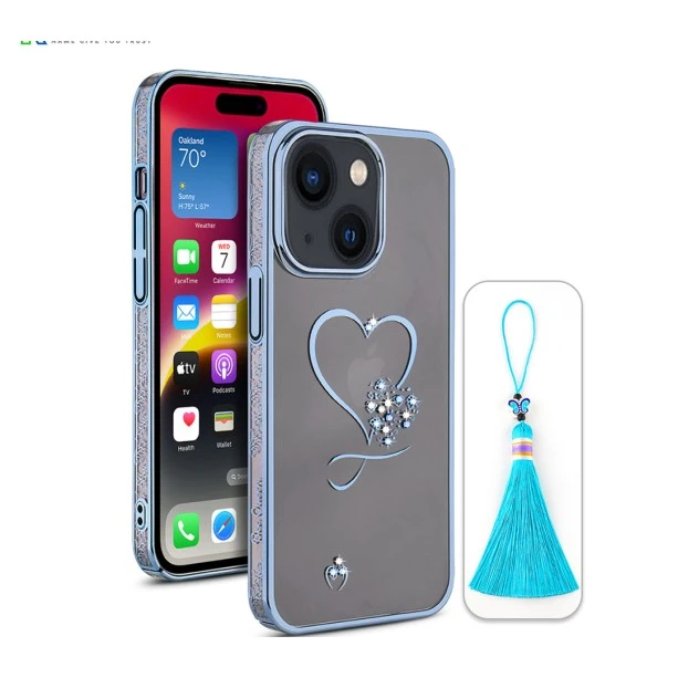 iPhone 15 Plus Bling Heart Transparent Case – Blue