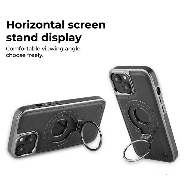 iPhone 15 Plus Elite Black Leather Case with Magnetic Ring