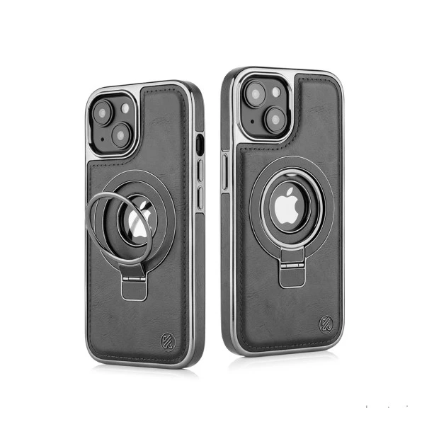 iPhone 15 Plus Elite Black Leather Case with Magnetic Ring