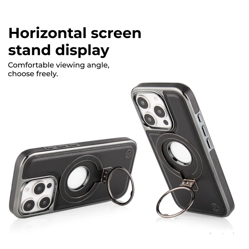 iPhone 15 Pro Black Leather Case with Magnetic Ring Holder