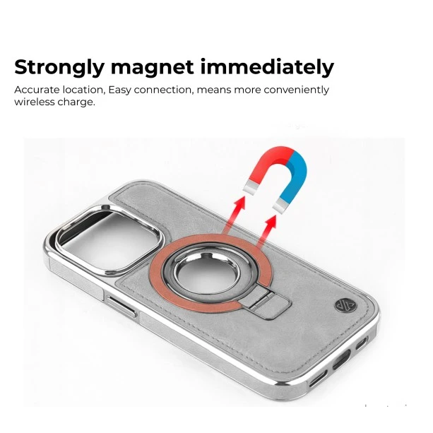 iPhone 15 Pro Leather Case with Magnetic Ring – Grey