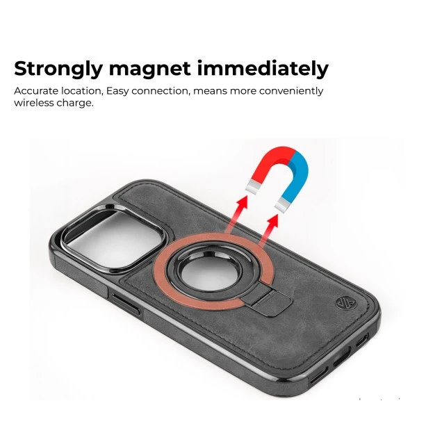 iPhone 15 Pro Max Leather Case with Magnetic Ring Holder – Classy Black Cover