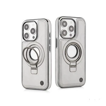 iPhone 15 Pro Max Leather Case with Magnetic Ring Holder – Elite Grey