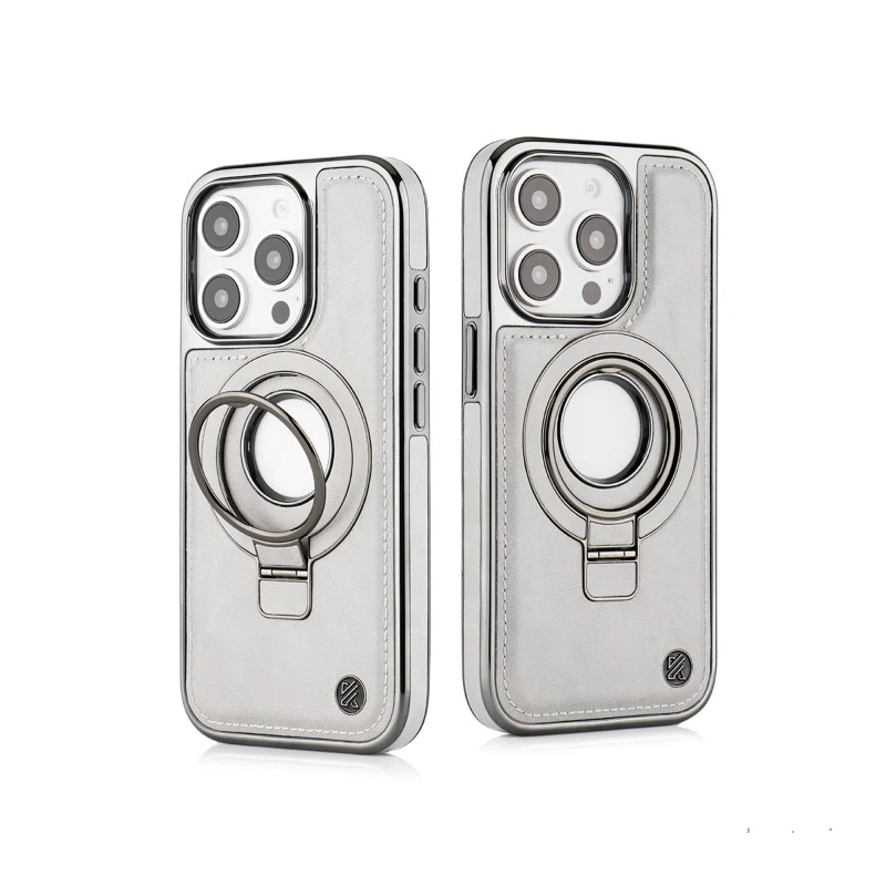 iPhone 15 Pro Max Leather Case with Magnetic Ring Holder – Elite Grey