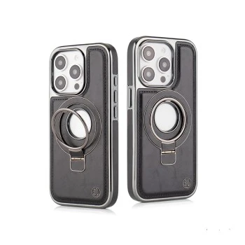 iPhone 15 Pro Max Leather Case with Magnetic Ring Holder – Classy Black Cover