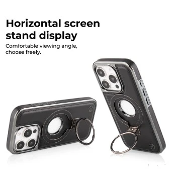 iPhone 15 Pro Max Leather Case with Magnetic Ring Holder – Classy Black Cover