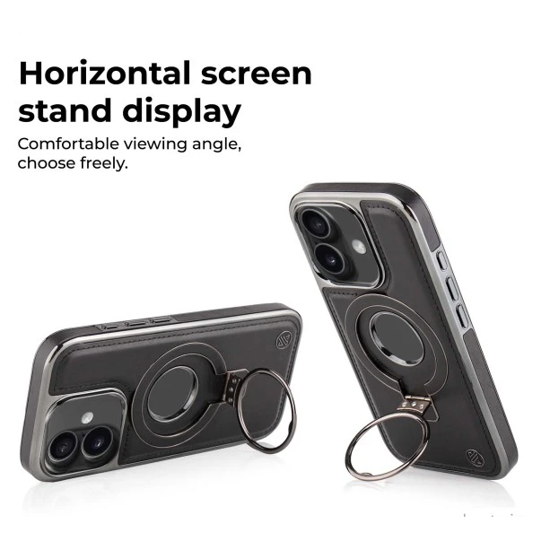 iPhone 16 Black Leather Case with Magnetic Ring Holder