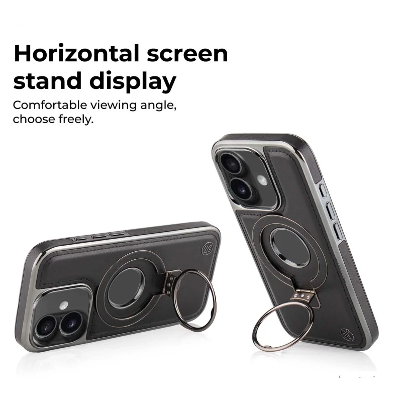 iPhone 16 Black Leather Case with Magnetic Ring Holder