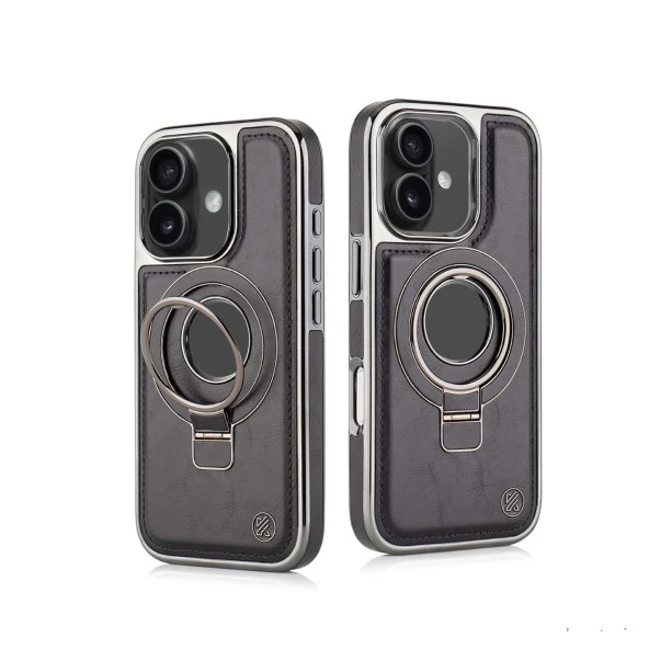 iPhone 16 Black Leather Case with Magnetic Ring Holder