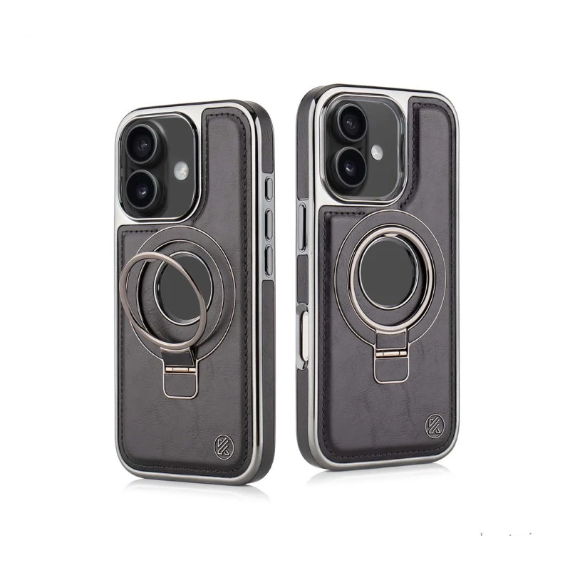 iPhone 16 Black Leather Case with Magnetic Ring Holder