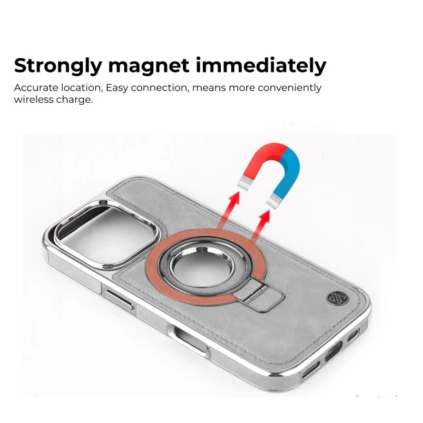 iPhone 16 Pro Grey Leather Magnetic Ring Holder Case