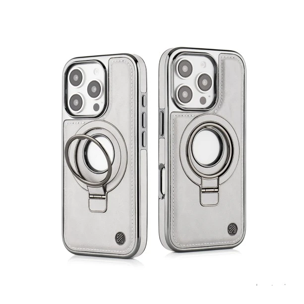 iPhone 16 Pro Grey Leather Magnetic Ring Holder Case