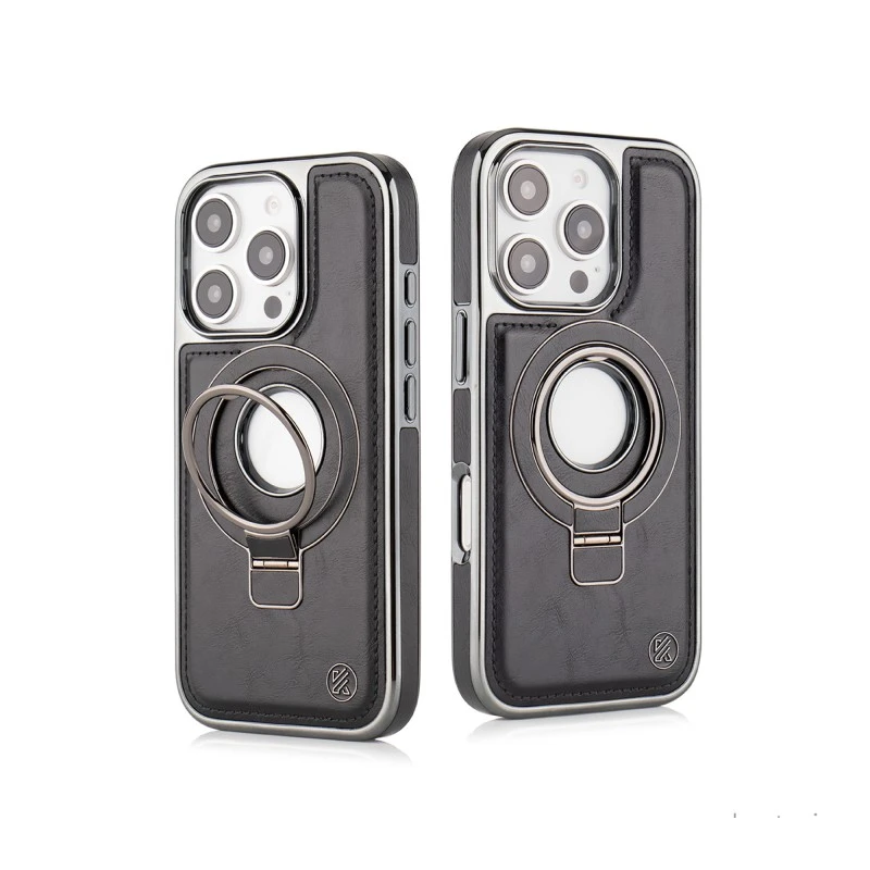 iPhone 16 Pro Leather Case with Magnetic Ring Holder – Classy Black Cover