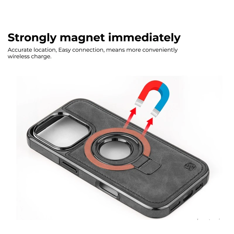 iPhone 16 Pro Leather Case with Magnetic Ring Holder – Classy Black Cover