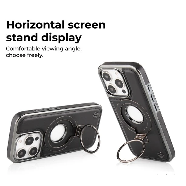 iPhone 16 Pro Leather Case with Magnetic Ring Holder – Classy Black Cover