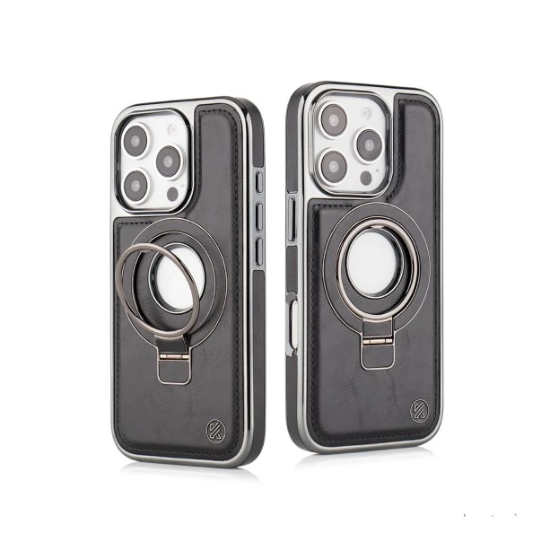iPhone 16 Pro Max Leather Case with Magnetic Ring Holder – Black