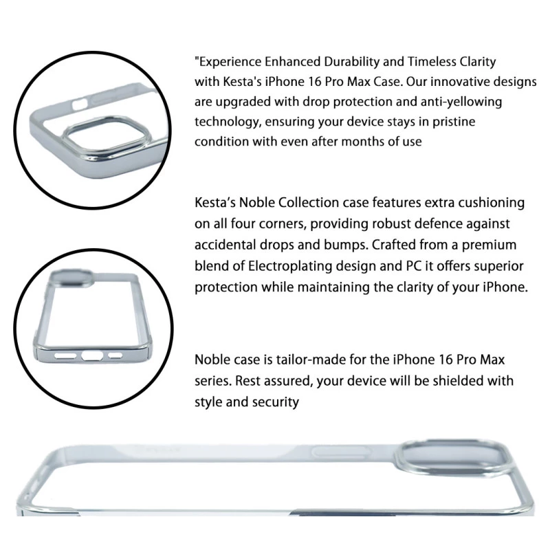 iPhone 16 Pro Max Transparent Case – Noble Silver Shockproof Back Cover