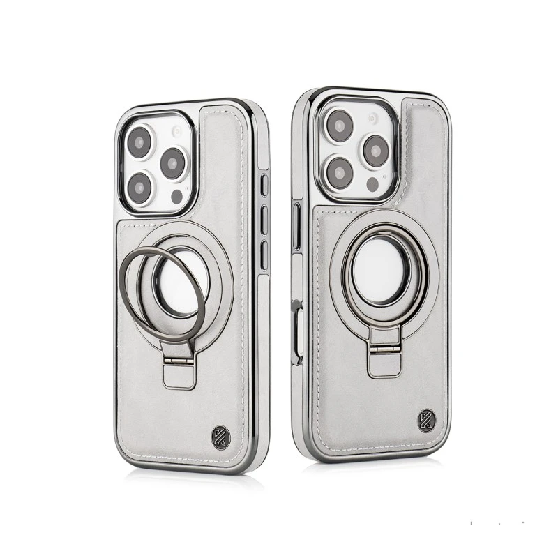 iPhone 16 Pro Max Leather Case with Magnetic Ring Holder – Elite Grey