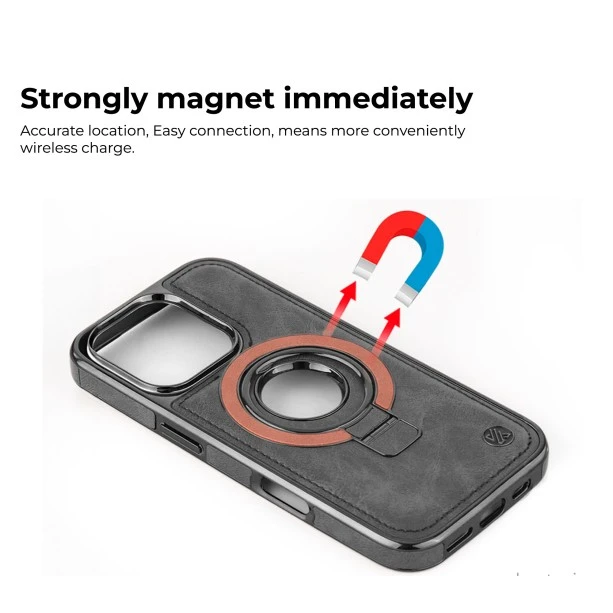 iPhone 16 Pro Max Leather Case with Magnetic Ring Holder – Black