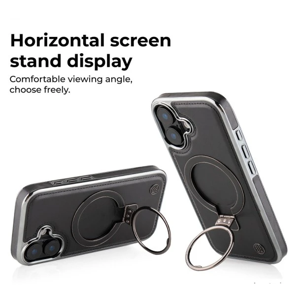 iPhone 17 Black Leather Magnetic Ring Holder Case