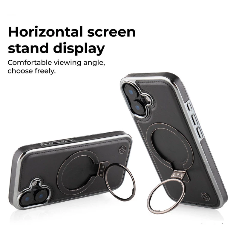 iPhone 17 Black Leather Magnetic Ring Holder Case