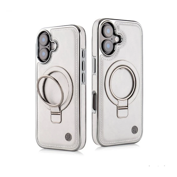 iPhone 17 Elite Grey Leather Case with Magnetic Ring Holder