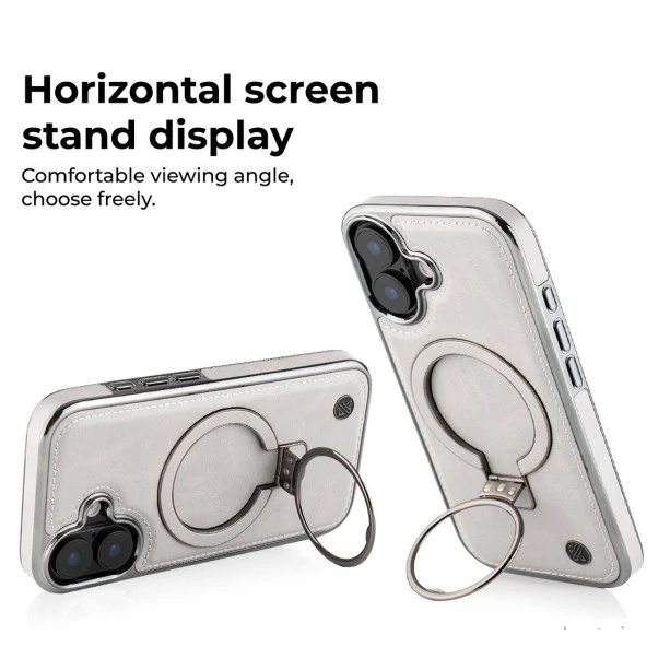 iPhone 17 Elite Grey Leather Case with Magnetic Ring Holder