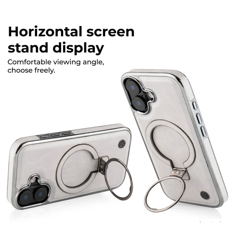 iPhone 17 Elite Grey Leather Case with Magnetic Ring Holder