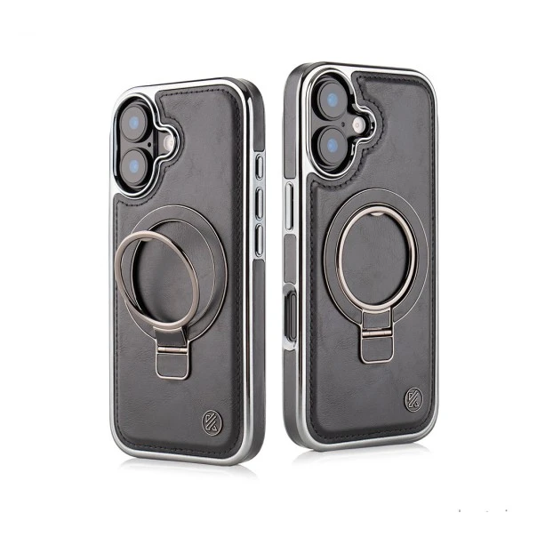 iPhone 17 Black Leather Magnetic Ring Holder Case