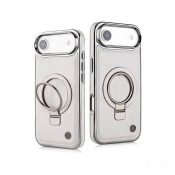 iPhone 17 Air Leather Case with Ring Holder – Grey Shockproof Cover