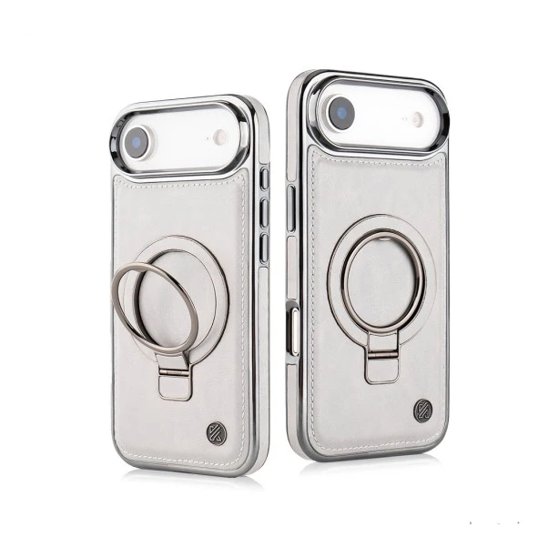 iPhone 17 Air Leather Case with Ring Holder – Grey Shockproof Cover