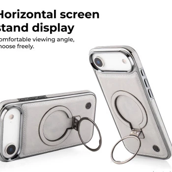 iPhone 17 Air Leather Case with Ring Holder – Grey Shockproof Cover
