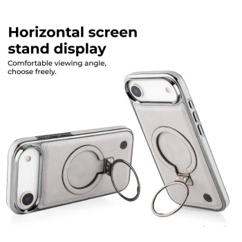 iPhone 17 Air Leather Case with Ring Holder – Grey Shockproof Cover