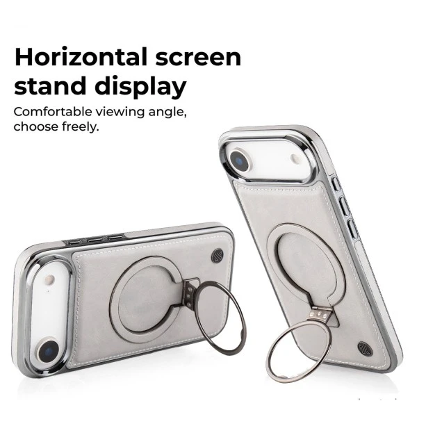 iPhone 17 Air Leather Case with Ring Holder – Grey Shockproof Cover